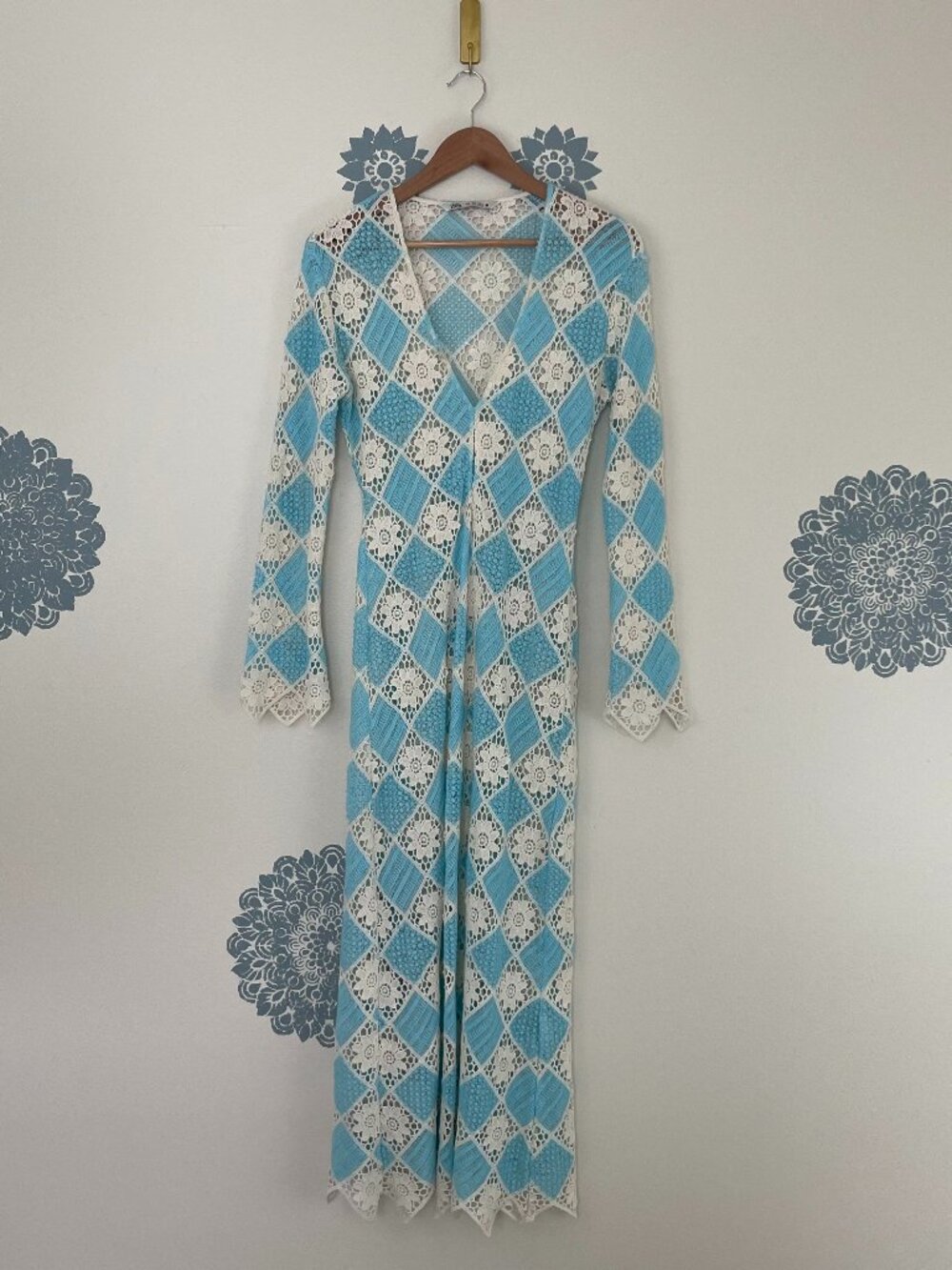 Zara Long Sleeve Floral Patchwork Crochet Midi Dress Size Small